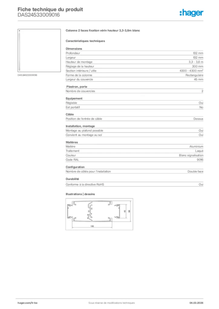 Image Hager Fiche technique du produit DAS24533009016 | Hager Belgique