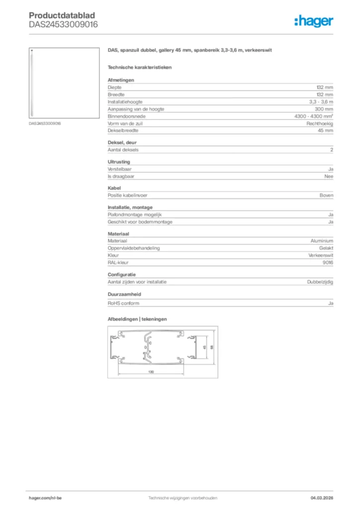 Afbeelding Hager Productdatablad DAS24533009016 | Hager Belgium