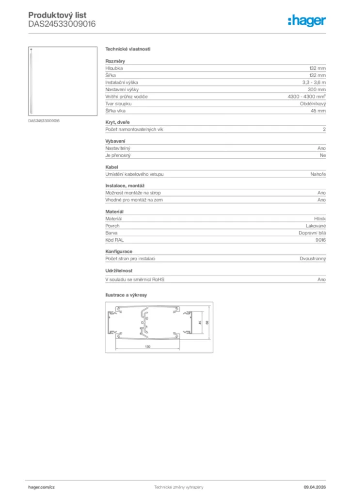 Obrázek Hager Product data sheet DAS24533009016 | Hager
