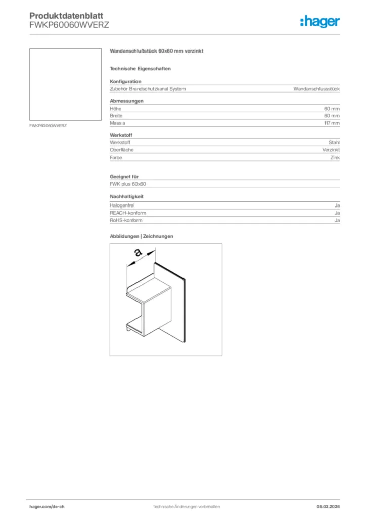 Bild Hager Produktdatenblatt FWKP60060WVERZ | Hager Schweiz