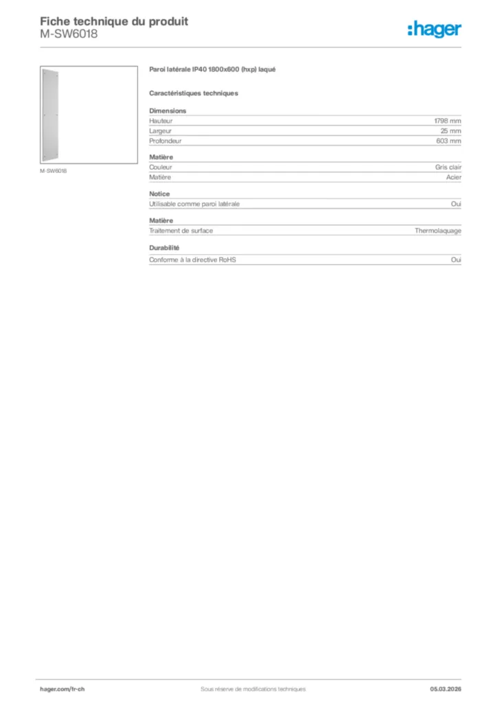 Image Hager Fiche technique du produit M-SW6018 | Hager Suisse