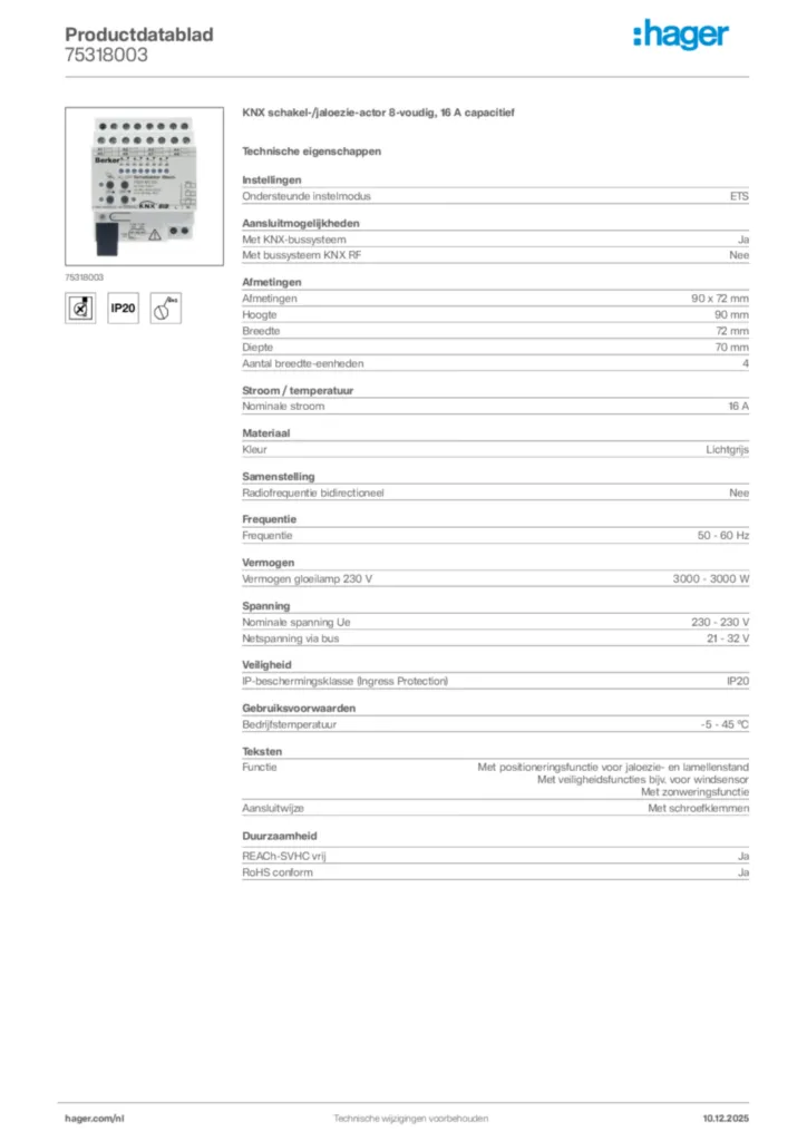 Afbeelding Hager Productdatablad 75318003 | Hager Nederland