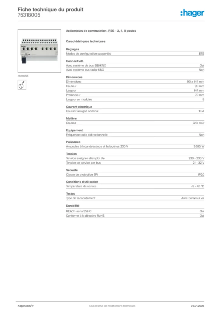 Image Hager Fiche technique du produit 75318005 | Hager France