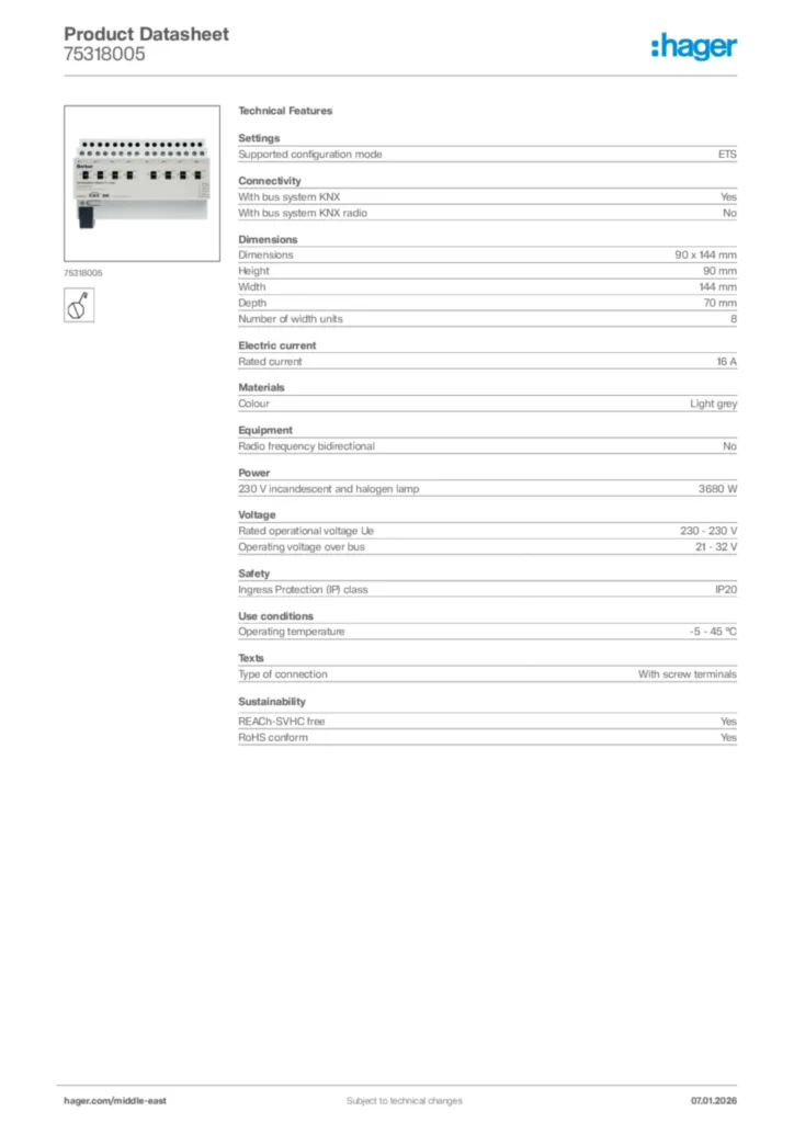 Image Hager Product data sheet 75318005  | Hager