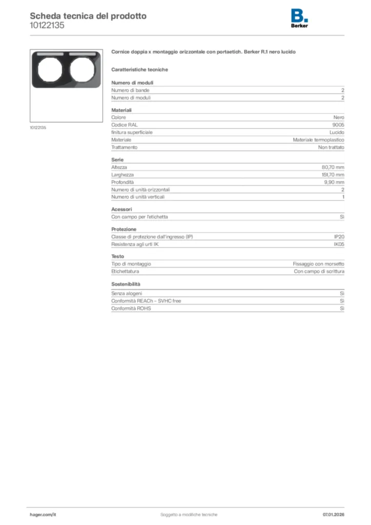 Immagine Berker Scheda tecnica del prodotto 10122135 | Hager Italia