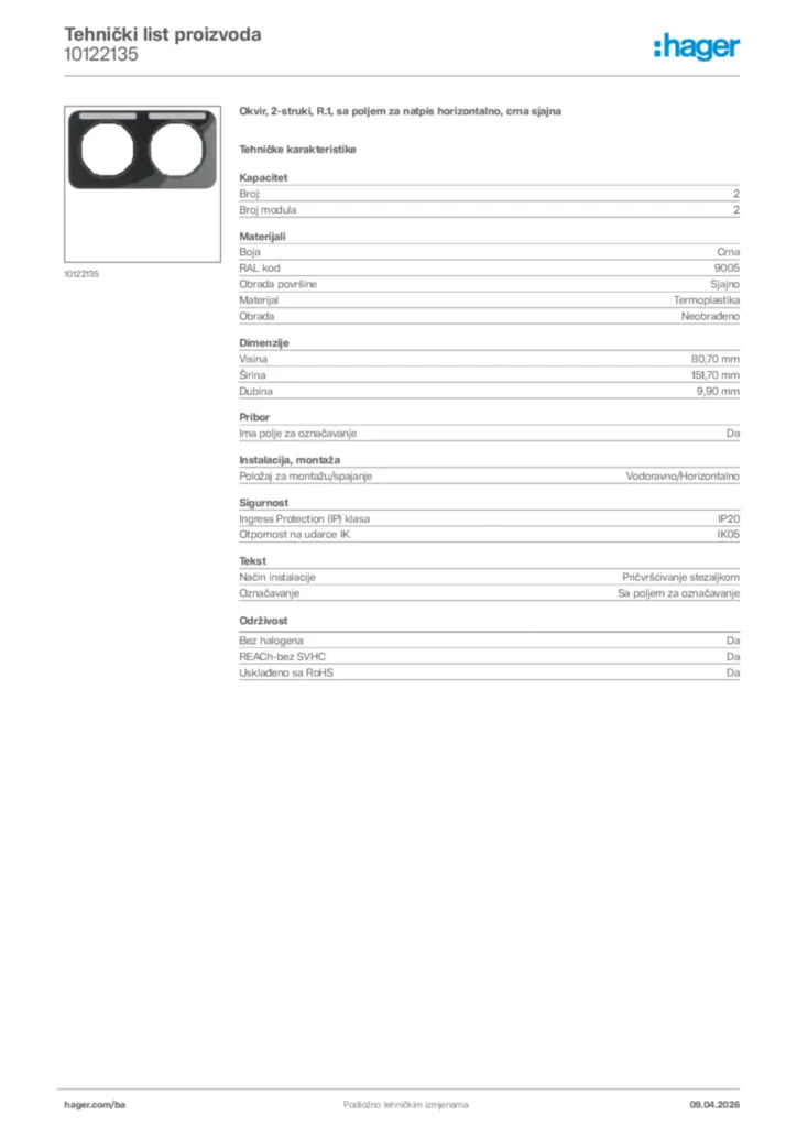 Slika Hager Tehnički list proizvoda 10122135  | Hager
