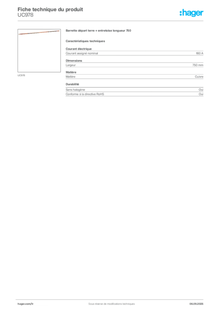 Image Hager Fiche technique du produit UC978 | Hager France