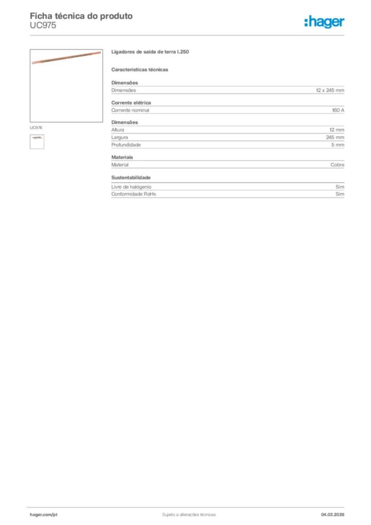 Imagem Hager Ficha técnica do produto UC975 | Hager Portugal