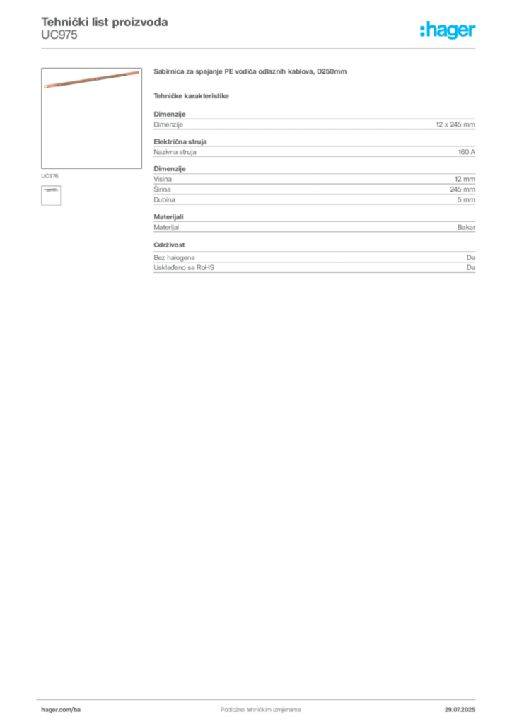 Slika Hager Product data sheet UC975  | Hager
