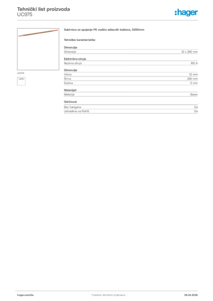 Slika Hager Tehnički list proizvoda UC975  | Hager