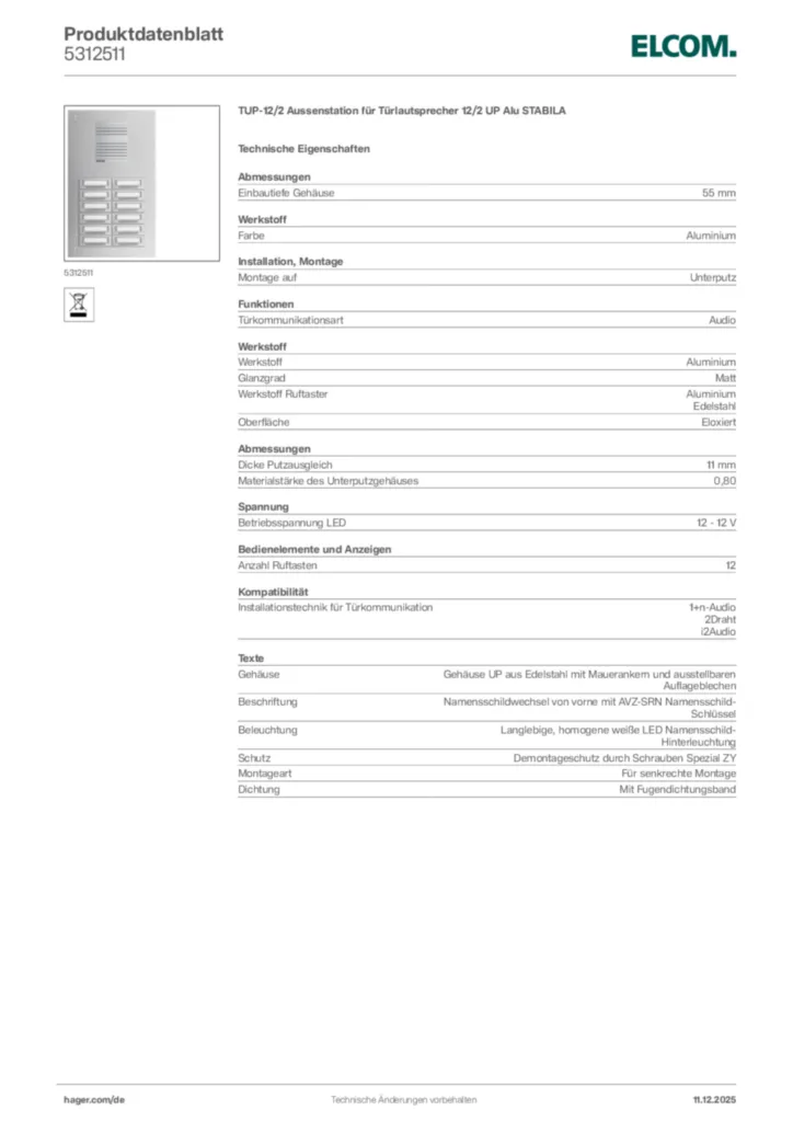 Bild Elcom Produktdatenblatt 5312511 | Hager Deutschland