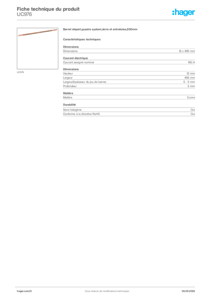 Image Hager Fiche technique du produit UC976 | Hager France
