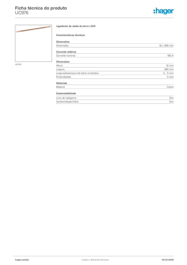 Imagem Hager Ficha técnica do produto UC976 | Hager Portugal