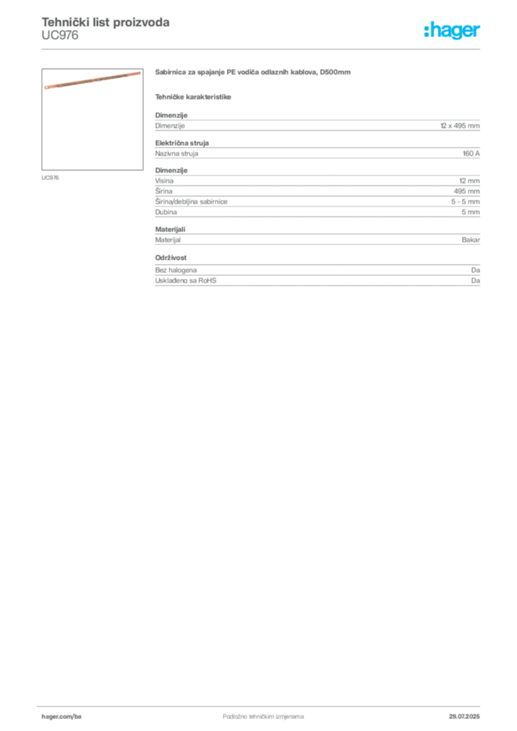 Slika Hager Product data sheet UC976  | Hager