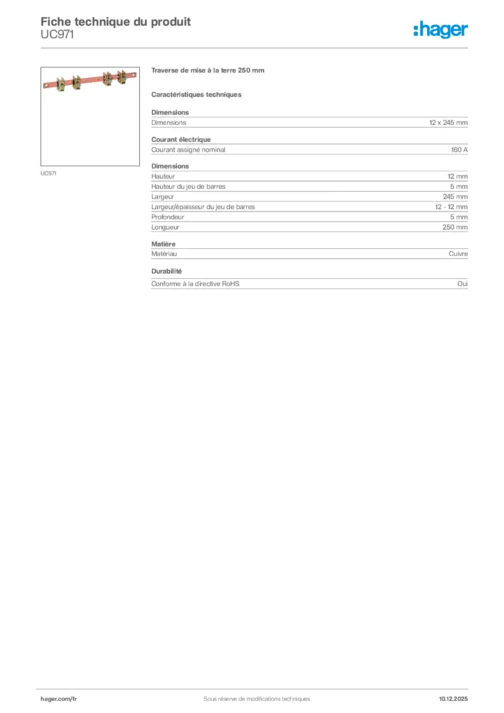 Image Hager Fiche technique du produit UC971 | Hager France