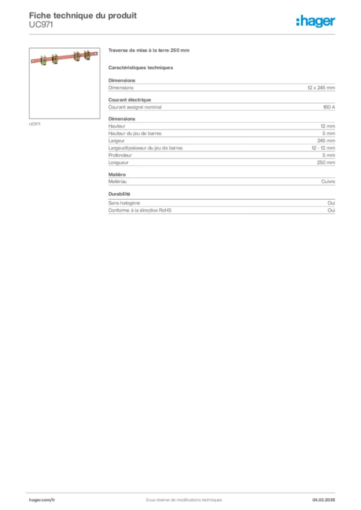 Image Hager Fiche technique du produit UC971 | Hager France