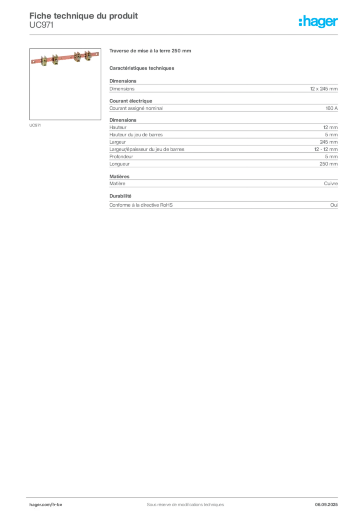 Image Hager Fiche technique du produit UC971 | Hager Belgique
