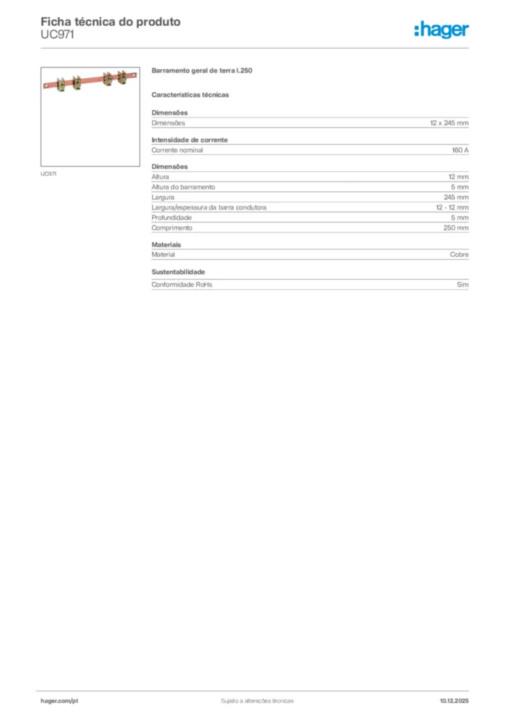 Imagem Hager Ficha técnica do produto UC971 | Hager Portugal
