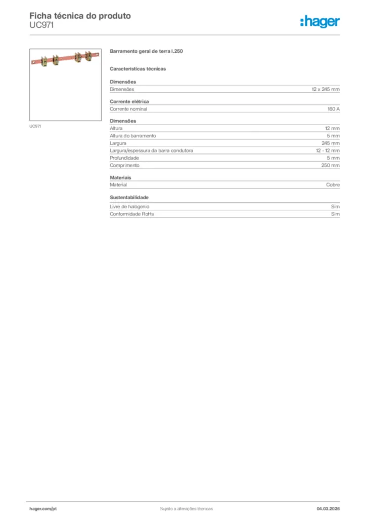 Imagem Hager Ficha técnica do produto UC971 | Hager Portugal