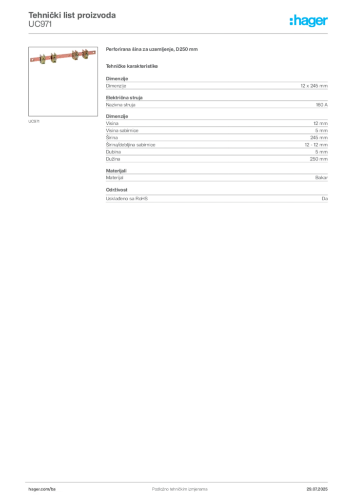 Slika Hager Product data sheet UC971  | Hager