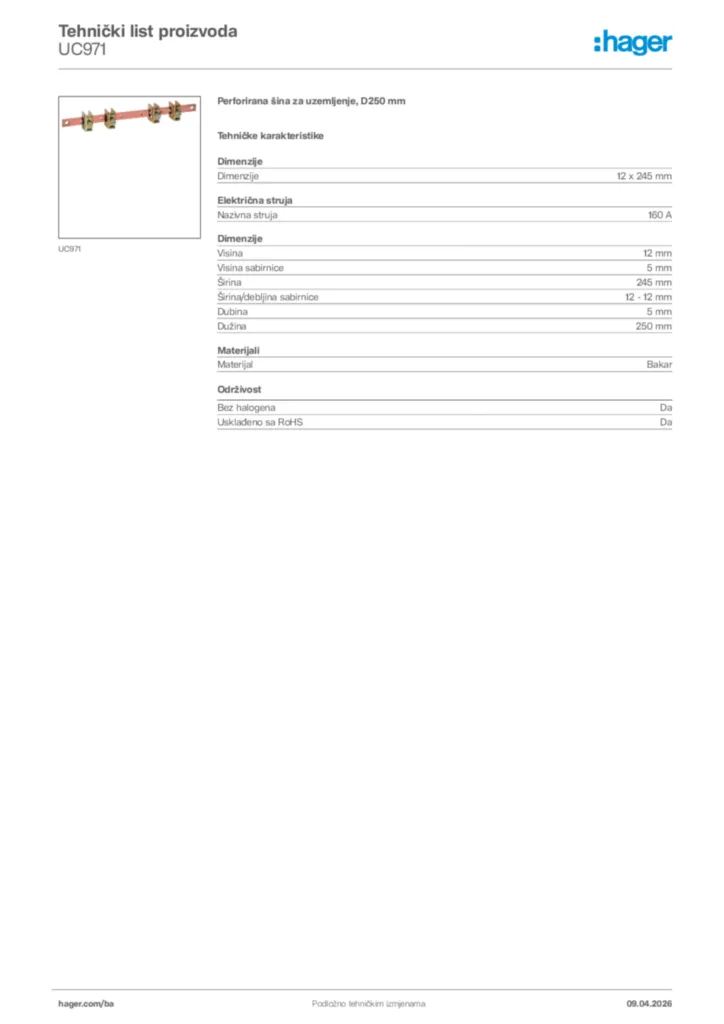 Slika Hager Tehnički list proizvoda UC971  | Hager