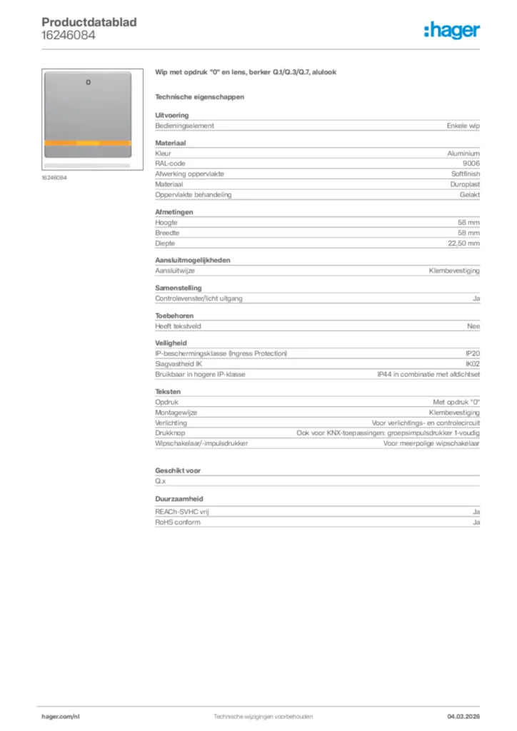 Afbeelding Hager Productdatablad 16246084 | Hager Nederland
