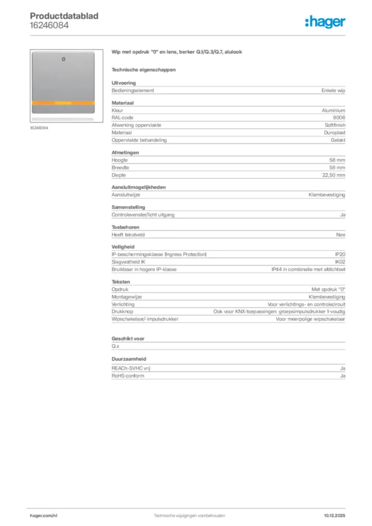 Afbeelding Hager Productdatablad 16246084 | Hager Nederland
