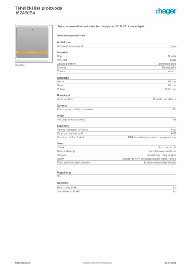 Slika Hager Tehnički list proizvoda 16246084  | Hager