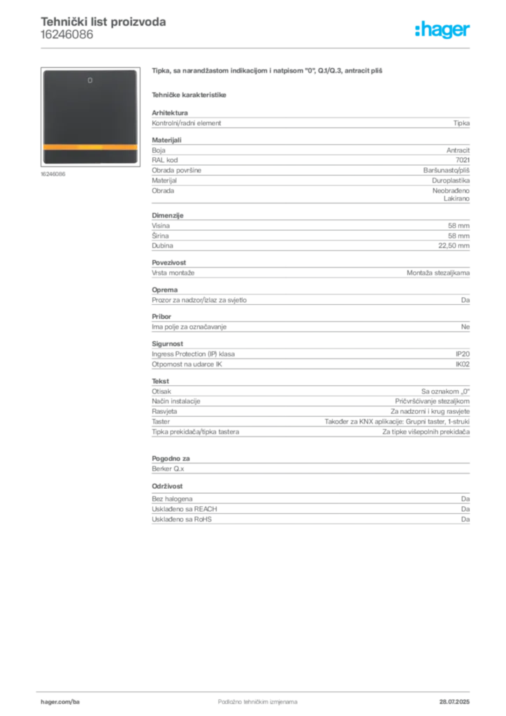 Slika Hager Product data sheet 16246086  | Hager