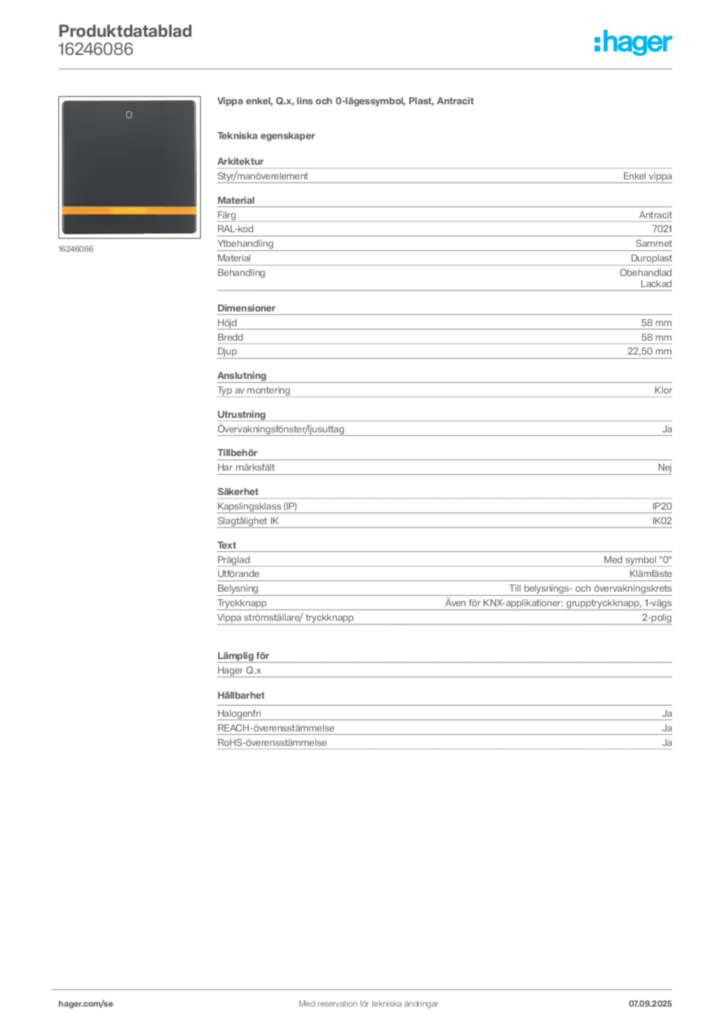 Bild Hager Produktdatablad 16246086 | Hager Sverige