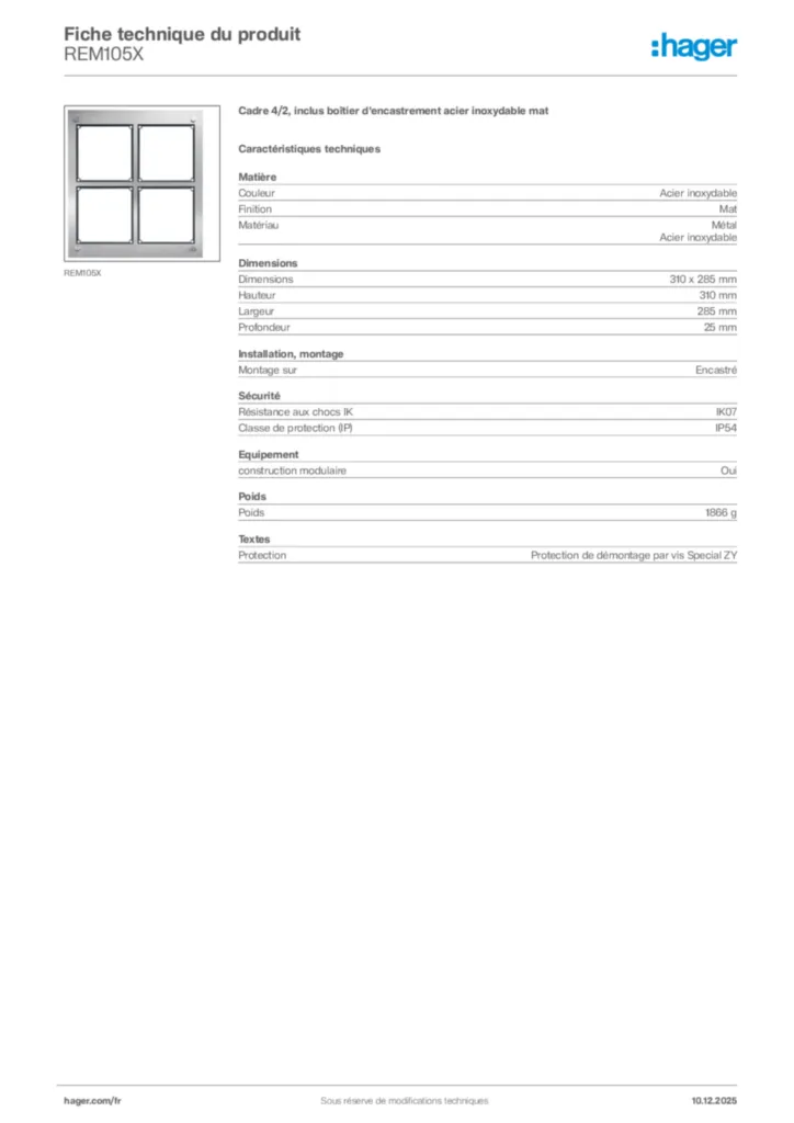 Image Hager Fiche technique du produit REM105X | Hager France