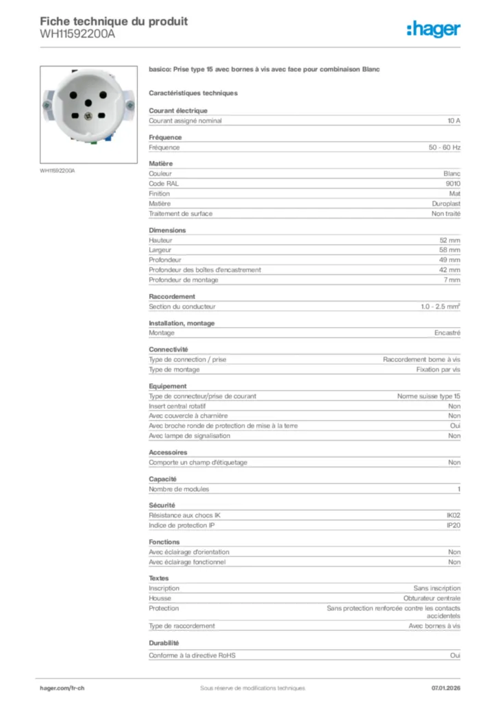 Image Hager Fiche technique du produit WH11592200A | Hager Suisse