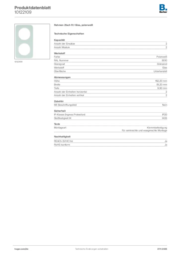 Bild Berker Produktdatenblatt 10122109 | Hager Deutschland