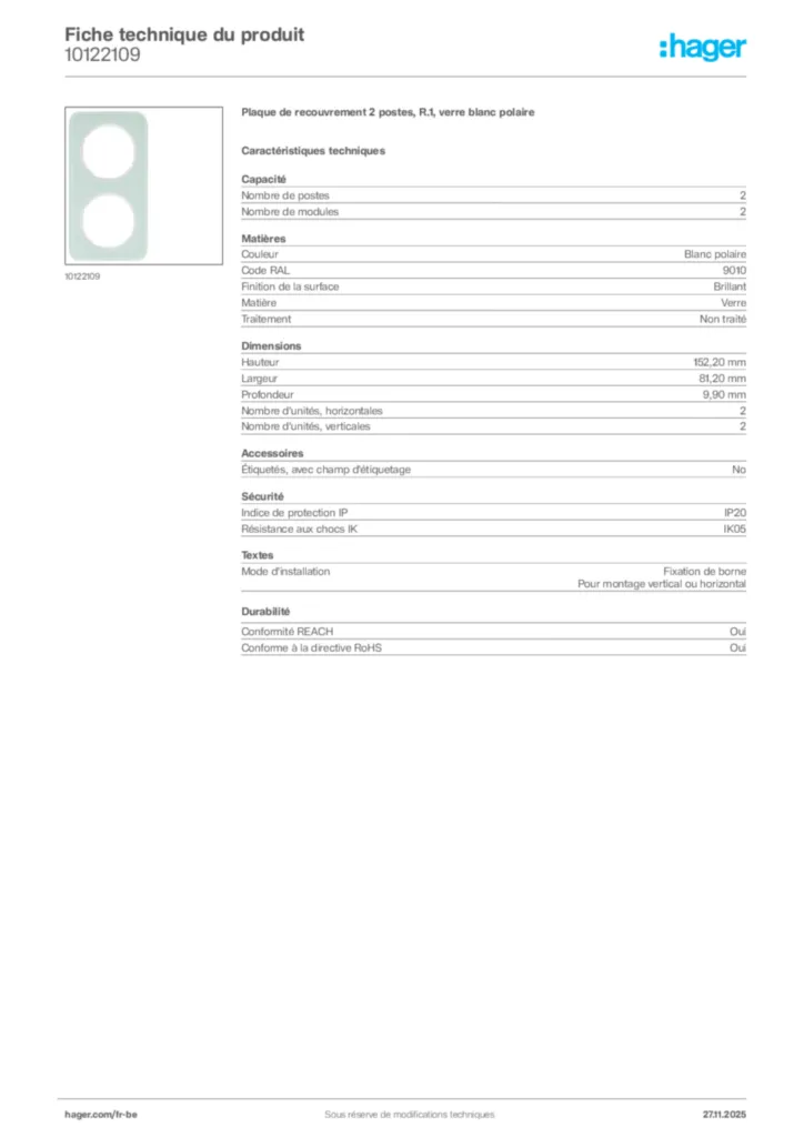 Image Hager Fiche technique du produit 10122109 | Hager Belgique