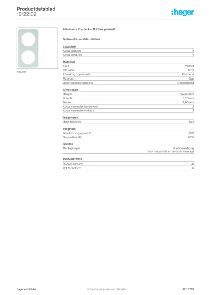 Afbeelding Hager Productdatablad 10122109 | Hager Belgium