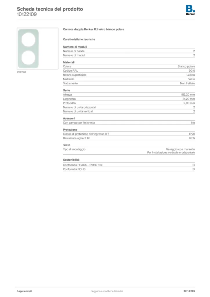 Immagine Berker Scheda tecnica del prodotto 10122109 | Hager Italia