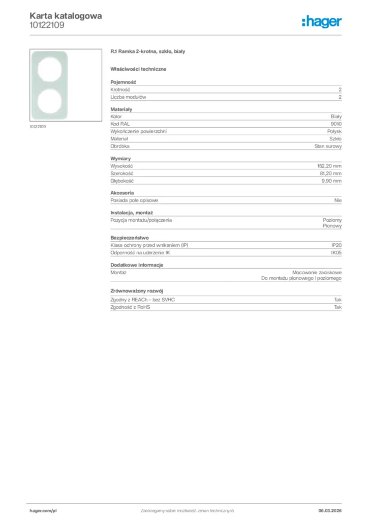 Zdjęcie Hager Karta katalogowa 10122109 | Hager Polska