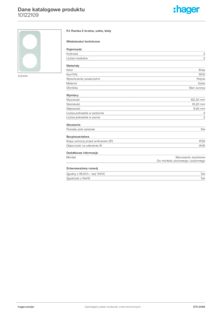 Zdjęcie Hager Karta katalogowa 10122109 | Hager Polska
