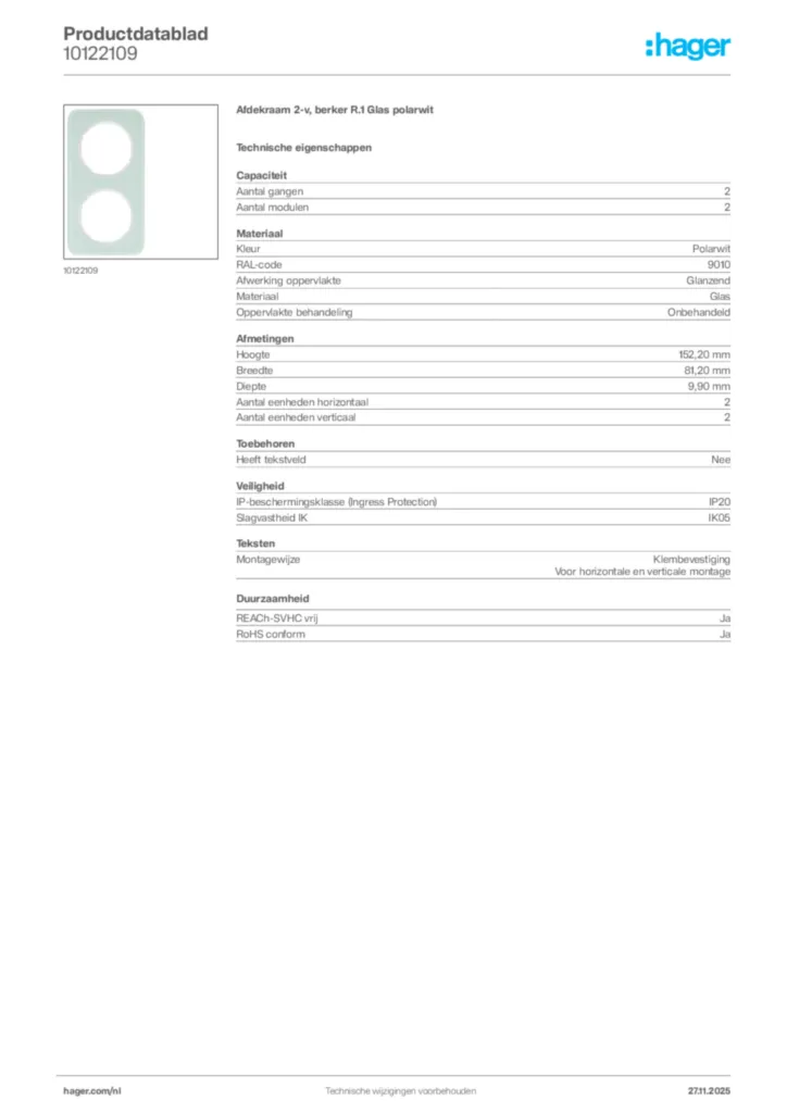 Afbeelding Hager Productdatablad 10122109 | Hager Nederland