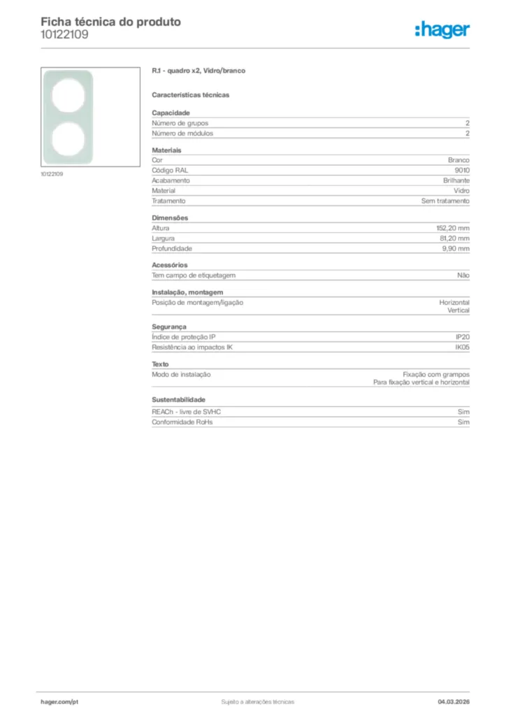 Imagem Hager Ficha técnica do produto 10122109 | Hager Portugal