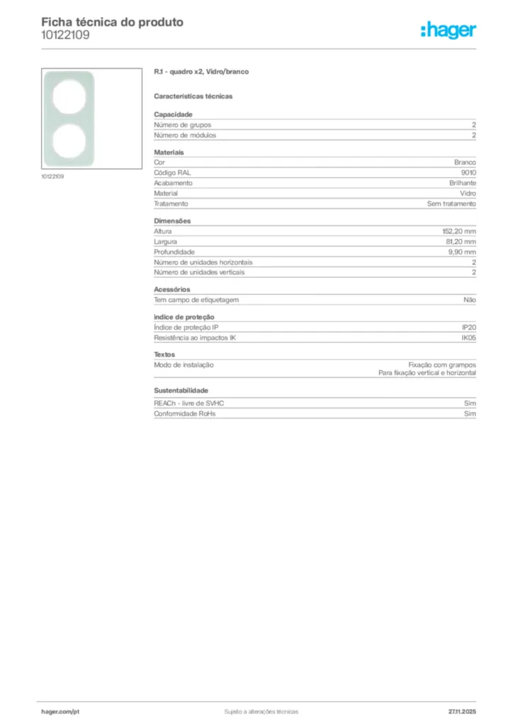 Imagem Hager Ficha técnica do produto 10122109 | Hager Portugal