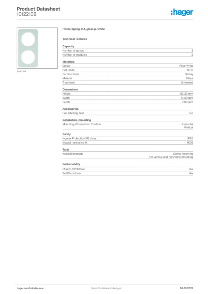 Image Hager Product data sheet 10122109  | Hager