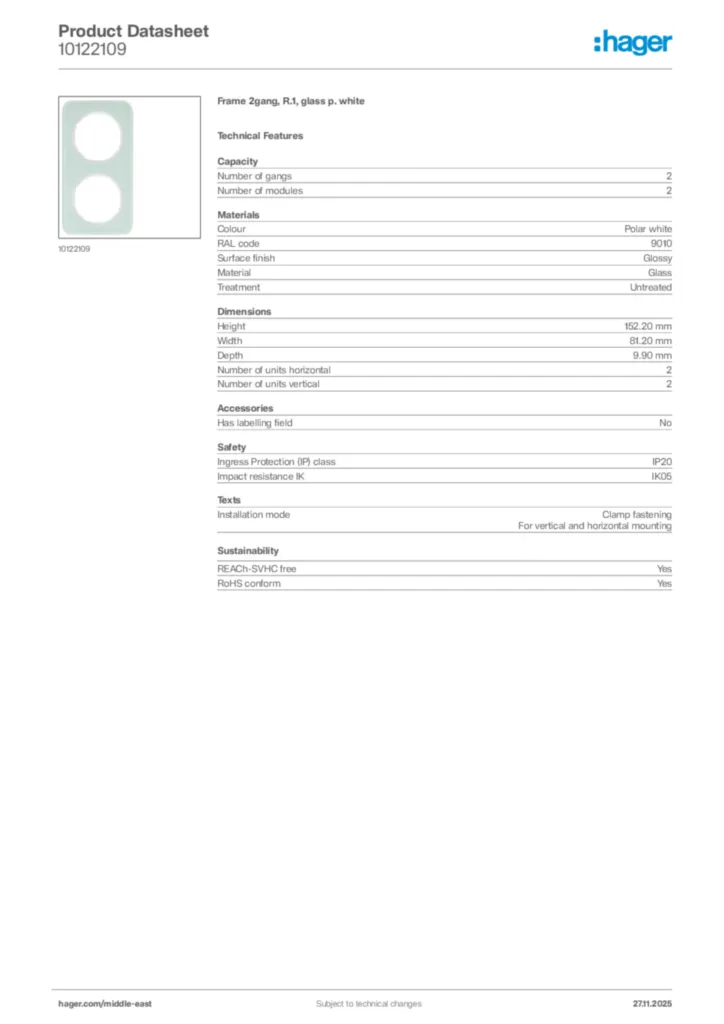 Image Hager Product data sheet 10122109  | Hager