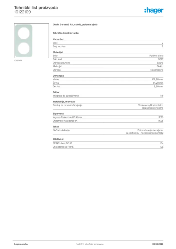 Slika Hager Tehnički list proizvoda 10122109  | Hager