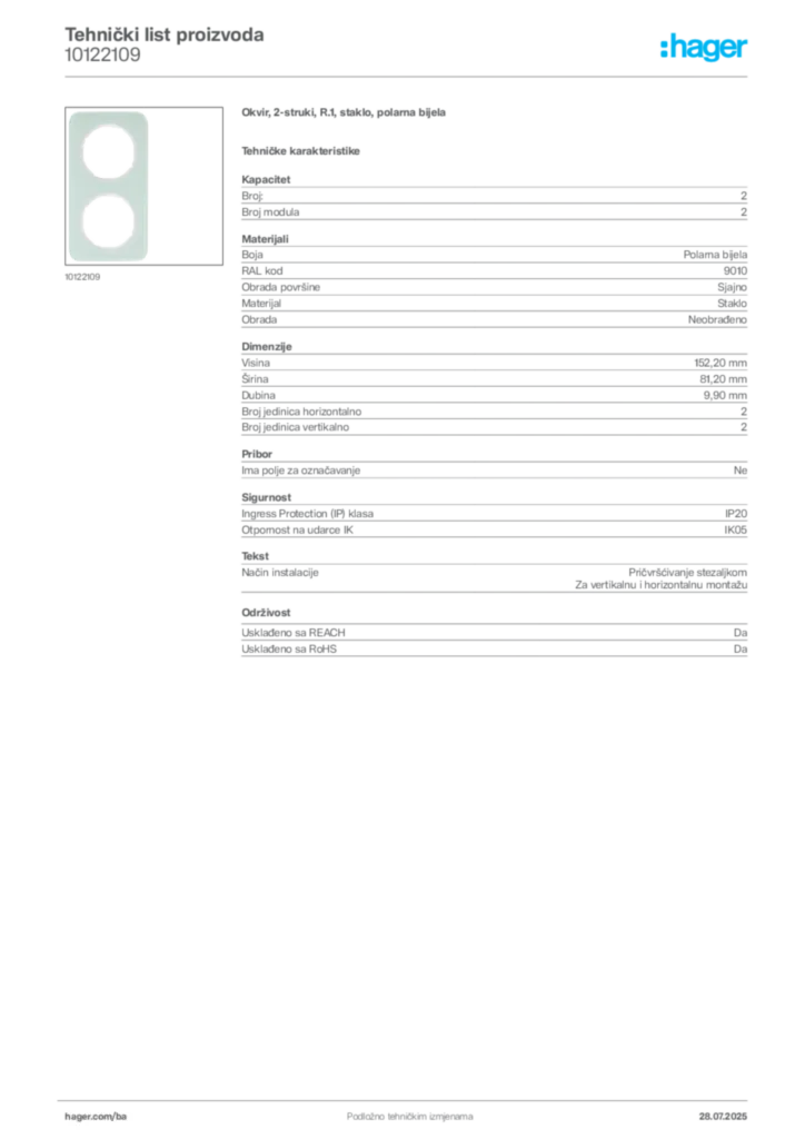 Slika Hager Product data sheet 10122109  | Hager