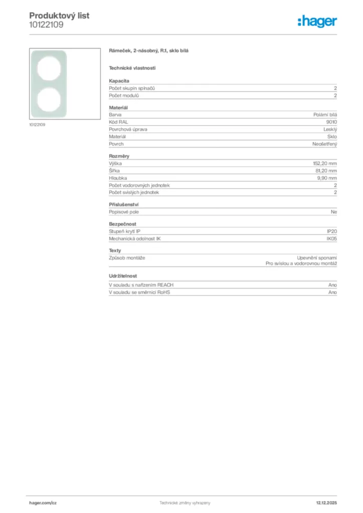 Obrázek Hager Product data sheet 10122109 | Hager