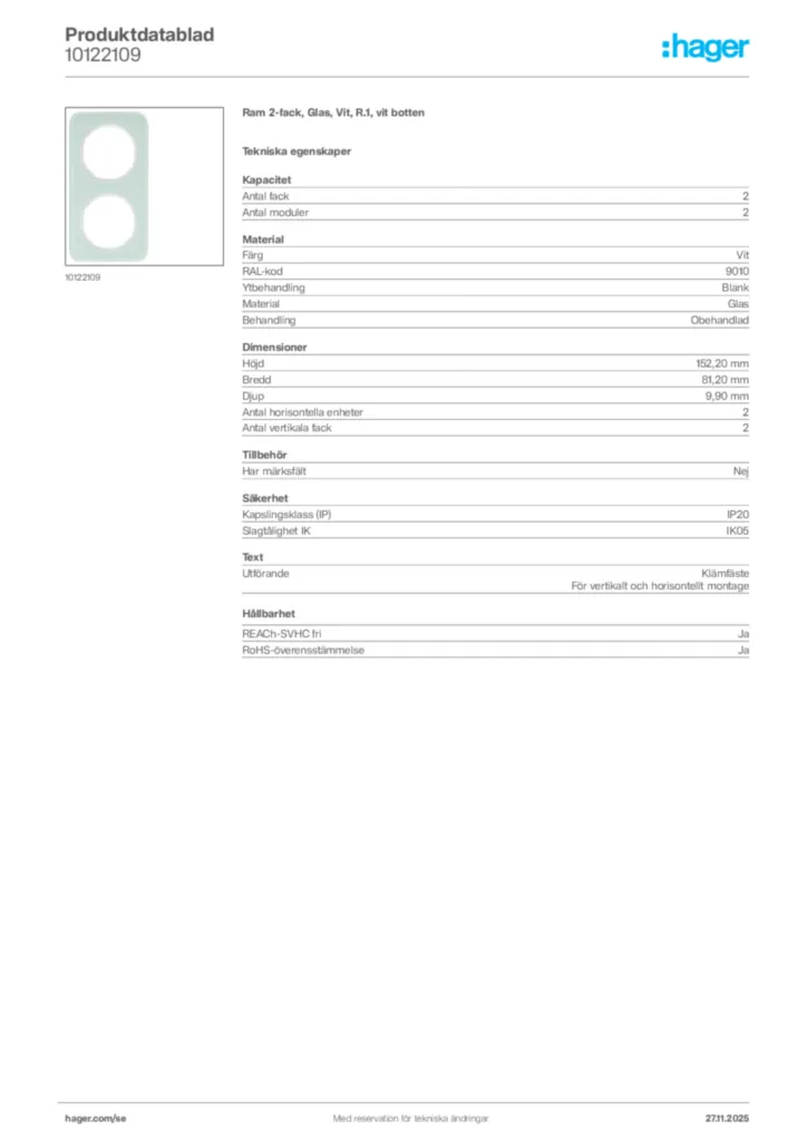 Bild Hager Produktdatablad 10122109 | Hager Sverige