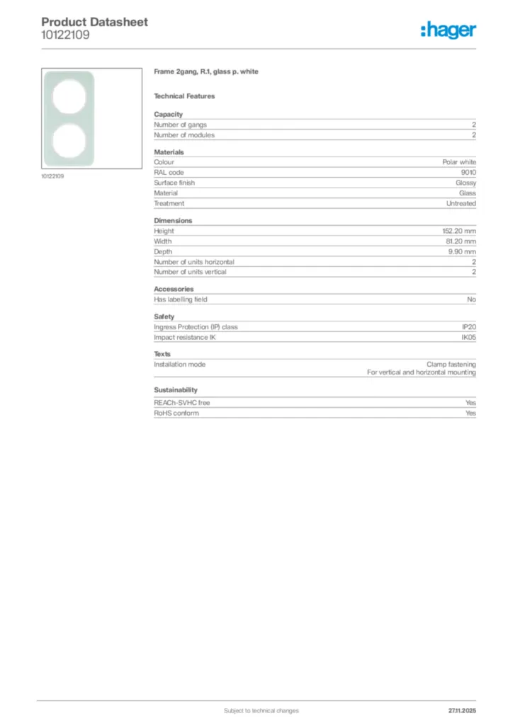 Image Hager Product data sheet 10122109  | Hager