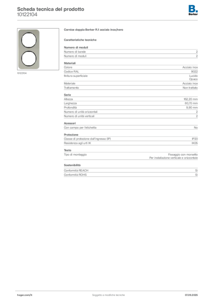 Immagine Berker Scheda tecnica del prodotto 10122104 | Hager Italia