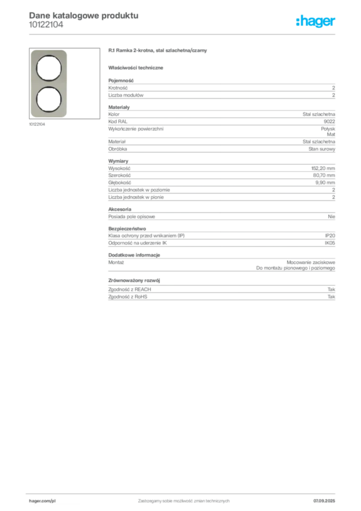 Zdjęcie Hager Dane katalogowe produktu 10122104 | Hager Polska